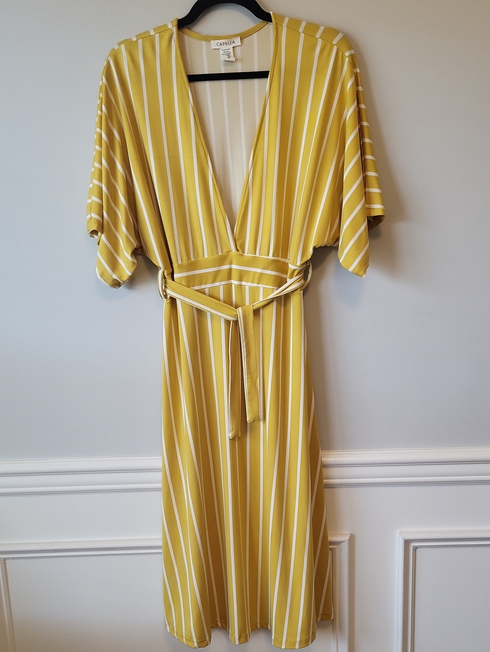 Yellow Striped V-Neck Midi Dress with Tie Belt